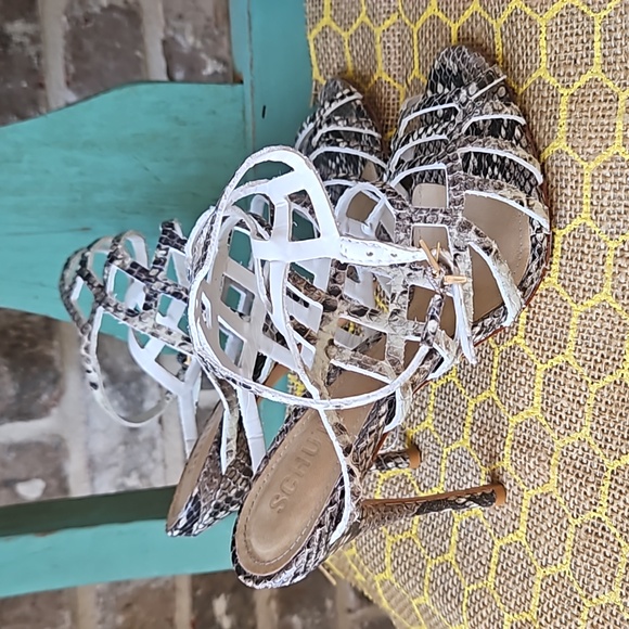 Schutz Julia Snakeskin Leather Caged Heel Sandals - Picture 3 of 5